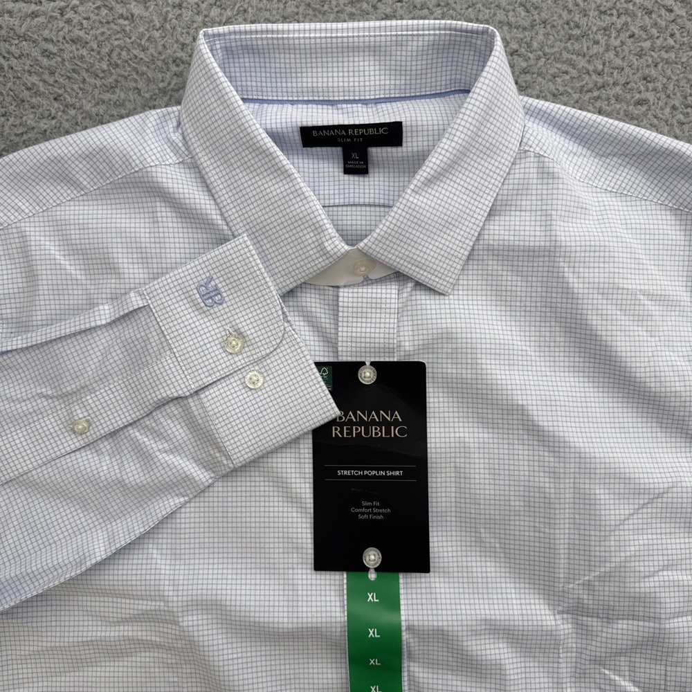 Banana Republic Stretch Poplin Dress Shirt Mens XL Slim Fit Plaid Blue Soft
